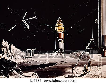 1960S Fantasy Illustration Lunar Landing Exploration Moon Astronauts Satellite Rocket Sci-Fi Science Fiction Retro View Large Photo Image Stock Photograph - 1960S Fantasy Illustration Lunar Landing Exploration Moon Astronauts Satellite Rocket Sci-Fi Science Fiction Retro. Fotosearch