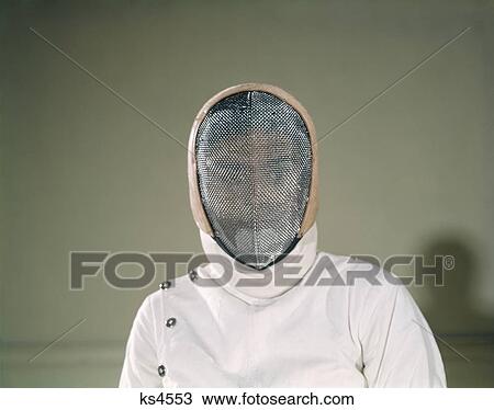 1960S Fencer Wearing Protective Screen Mask Safety Identity Blank Mystery Man View Large Photo Image Stock Image - 1960S Fencer Wearing Protective Screen Mask Safety Identity Blank Mystery Man . Fotosearch