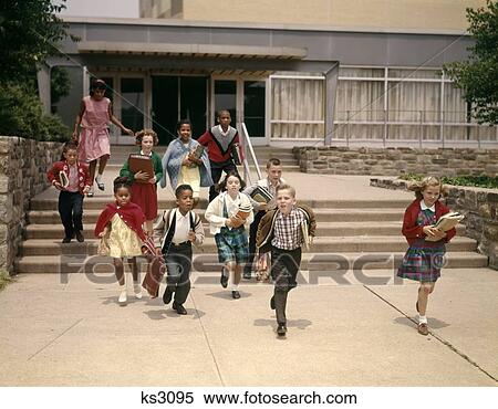 1960S Group Of School Children Running Down Steps Away From School View Large Photo Image Stock Photography - 1960S Group Of School Children Running Down Steps Away From School. Fotosearch