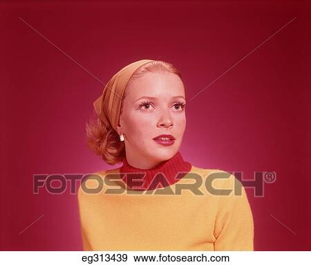 1960S Head And Shoulders Portrait Woman Yellow Top Wearing Scarf View Large Photo Image Stock Photo - 1960S Head And Shoulders Portrait Woman Yellow Top Wearing Scarf. Fotosearch