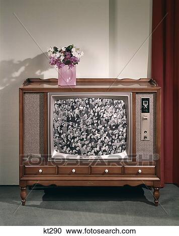 1960S Large Console Television With Black And White Screen Image And Vase Of Flowers On Top Nostalgia View Large Photo Image Stock Image - 1960S Large Console Television With Black And White Screen Image And Vase Of Flowers On Top Nostalgia . Fotosearch