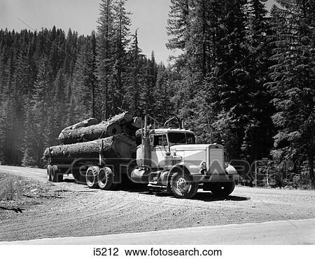 1960S Logging Truck Hauling Large Tree Trunks Going Down Dirt Road In Middle Of Forest View Large Photo Image Stock Image - 1960S Logging Truck Hauling Large Tree Trunks Going Down Dirt Road In Middle Of Forest . Fotosearch