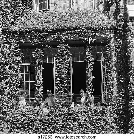 1960S Male College Students Sitting & Studying At Windows Of Ivy-Covered Campus Building View Large Photo Image Stock Image - 1960S Male College Students Sitting & Studying At Windows Of Ivy-Covered Campus Building . Fotosearch