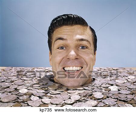 1960S Man Buried Up To His Neck In Coins Money Funny Face Expression Wacky View Large Photo Image Stock Photography - 1960S Man Buried Up To His Neck In Coins Money Funny Face Expression Wacky . Fotosearch
