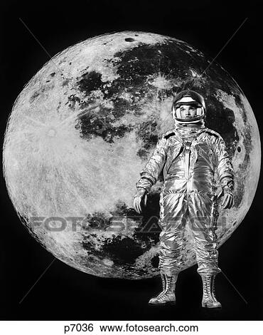 Stock Photograph - 1960S Man In Silver Astronaut Suit With Moon In Background . Fotosearch