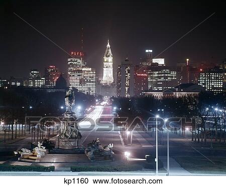 1960S Night Skyline Philadelphia From Art Museum Look To City Hall Benjamin Franklin Parkway View Large Photo Image Stock Image - 1960S Night Skyline Philadelphia From Art Museum Look To City Hall Benjamin Franklin Parkway . Fotosearch