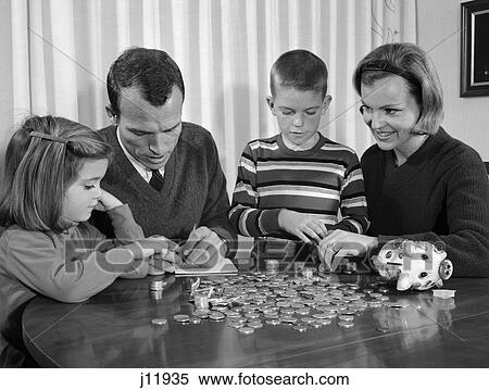 1960S Parents Seated At Dining Room Table With Daughter & Son Counting Change From Piggy Bank View Large Photo Image Stock Photography - 1960S Parents Seated At Dining Room Table With Daughter & Son Counting Change From Piggy Bank . Fotosearch