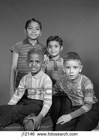 1960S Portrait Of 4 Multi-Ethnic Boys View Large Photo Image Stock Photograph - 1960S Portrait Of 4 Multi-Ethnic Boys . Fotosearch
