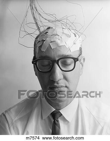 1960S Portrait Of Blissful Man Character Patient With Wires Taped To Bald Head Testing Brain Waves For Sanity View Large Photo Image Picture - 1960S Portrait Of Blissful Man Character Patient With Wires Taped To Bald Head Testing Brain Waves For Sanity . Fotosearch