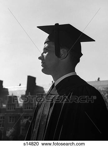 Stock Image - 1960S Profile Of Male Graduate With Campus Buildings In Background . Fotosearch