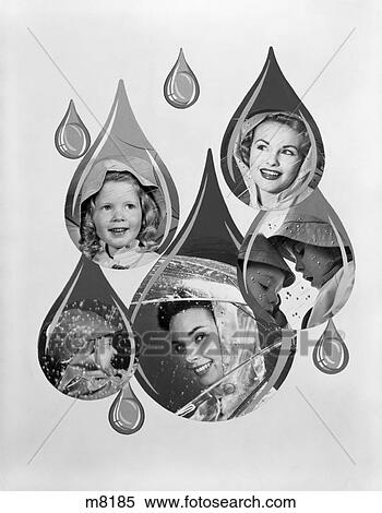 Stock Photography - 1960S Raindrop Motief With Smilng Faces In Rain Gear Superimposed On Raindrops Studio Inside . Fotosearch