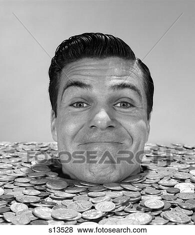 Stock Photo - 1960S Smiling Man Buried Up To His Neck In Coins . Fotosearch