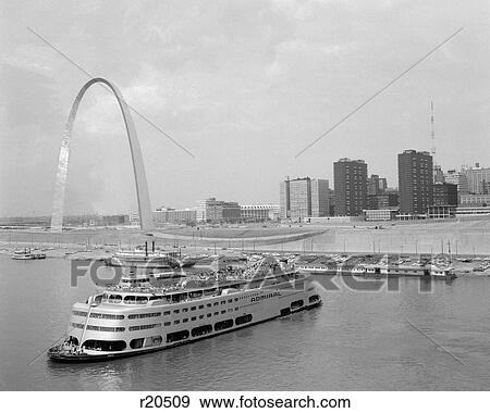 1960S St Louis Missouri Gateway Arch Skyline Riverboat Retro Stock Photo | r20509 | Fotosearch