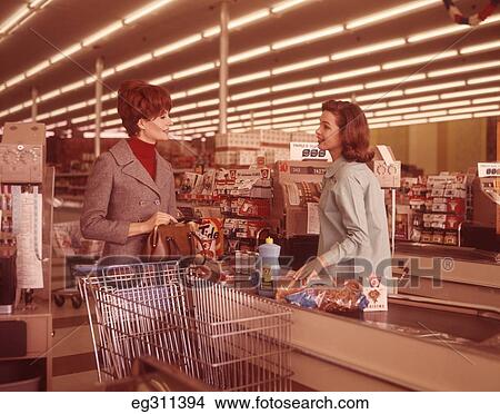 1960S Woman At Checkout Counter Supermarket View Large Photo Image Picture - 1960S Woman At Checkout Counter Supermarket. Fotosearch
