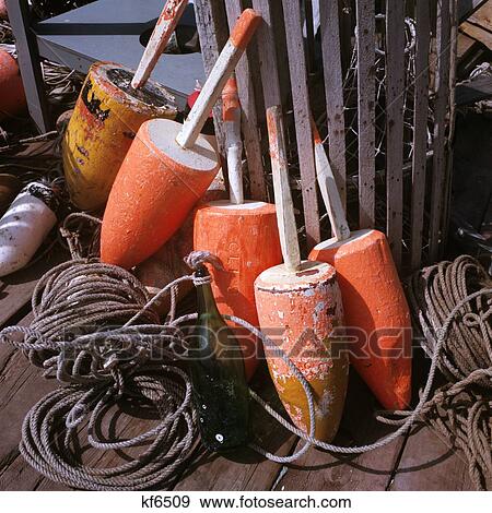 1960S Wooden Buoys Lobster Traps Rope View Large Photo Image Stock Photo - 1960S Wooden Buoys Lobster Traps Rope . Fotosearch