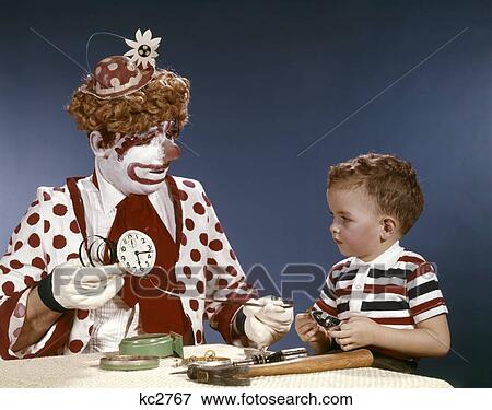 Clown With Child Boy Teaching Clock 1960 1960S Retro View Large Photo Image Stock Photo - Clown With Child Boy Teaching Clock 1960 1960S Retro. Fotosearch
