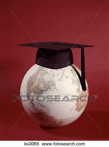 Stock Photography - Globe Of World With Graduation Cap Red Background. Fotosearch