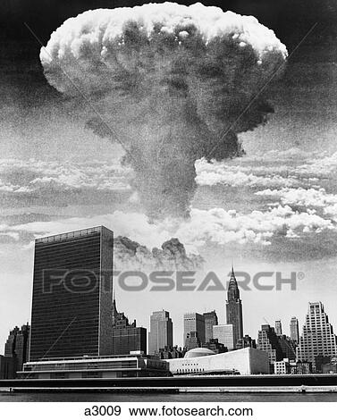 Mushroom Cloud Over 1960S New York City Waterfront Skyline View Large Photo Image Stock Photo - Mushroom Cloud Over 1960S New York City Waterfront Skyline . Fotosearch