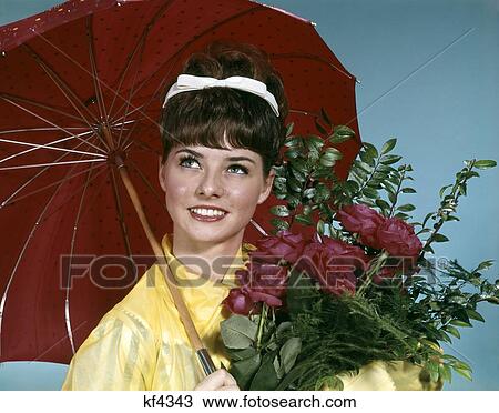 Umbrella Flowers Floral Woman Smile Rain Jacket 1960 1960S Retro View Large Photo Image Stock Image - Umbrella Flowers Floral Woman Smile Rain Jacket 1960 1960S Retro. Fotosearch