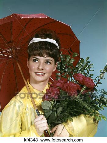 Umbrella Rain Flowers Floral Woman Smile Jacket Roses 1960 1960S Retro View Large Photo Image Stock Photo - Umbrella Rain Flowers Floral Woman Smile Jacket Roses 1960 1960S Retro. Fotosearch