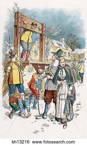 Stock Photograph - 1600s colonial new england scene man in pillory boys throwing snowballs puritan couple walking winter street. Fotosearch