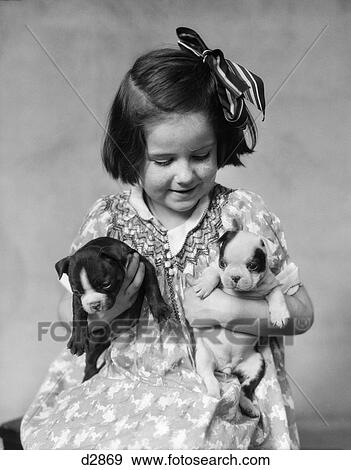 Stock Photo - 1920s 1930s little girl holding two boston terrier puppies. Fotosearch