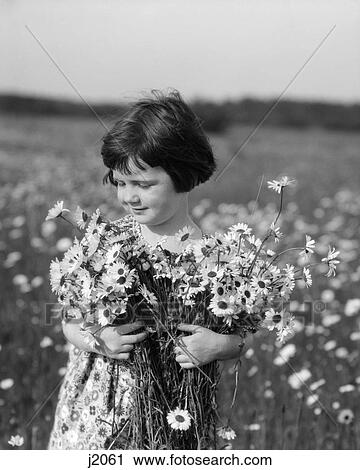 1920s girl in meadow holding bunch of daisies View Large Photo Image Stock Image - 1920s girl in meadow holding bunch of daisies. Fotosearch