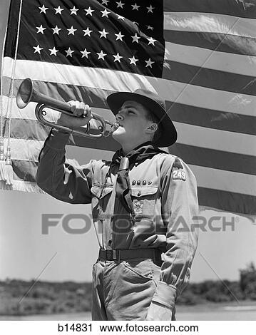 1940s boy scout playing bugle flag american View Large Photo Image Stock Image - 1940s boy scout playing bugle flag american. Fotosearch