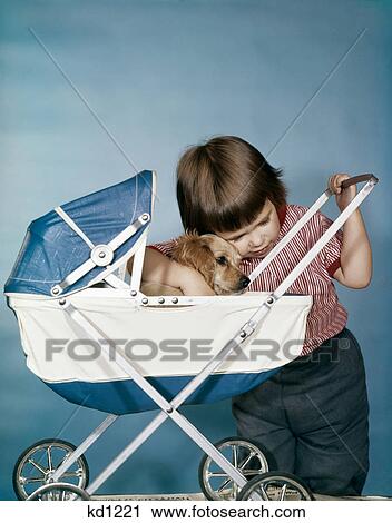 1950s 1960s little girl hugging cocker spaniel puppy riding in a baby carriage studio View Large Photo Image Stock Image - 1950s 1960s little girl hugging cocker spaniel puppy riding in a baby carriage studio. Fotosearch