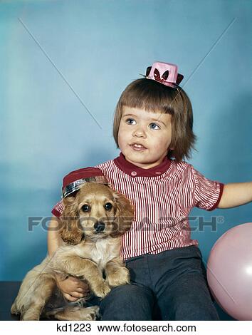1950s 1960s little girl in party hat sitting holding a cocker spaniel puppy with balloons studio View Large Photo Image Stock Image - 1950s 1960s little girl in party hat sitting holding a cocker spaniel puppy with balloons studio. Fotosearch