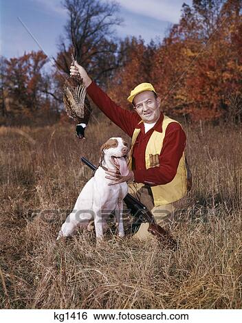 1950s 1960s man hunter holding up bird pheasant sitting beside hunting dog autumn gun shotgun outdoor sport View Large Photo Image Stock Photograph - 1950s 1960s man hunter holding up bird pheasant sitting beside hunting dog autumn gun shotgun outdoor sport. Fotosearch