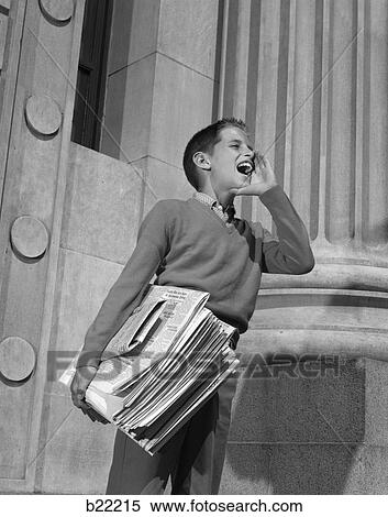 Stock Photography - 1950s 1960s paperboy shouting extra extra selling newspapers. Fotosearch