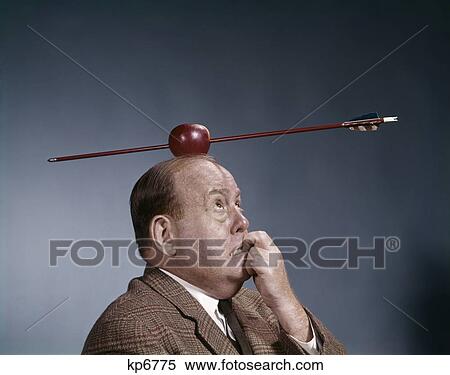 1960s anxious business man biting finger with nails arrow shot through apple on of his top head View Large Photo Image Stock Photography - 1960s anxious business man biting finger with nails arrow shot through apple on of his top head. Fotosearch