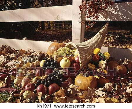 Stock Image - 1960s autumn scenic with cornucopia beside wooden fence. Fotosearch