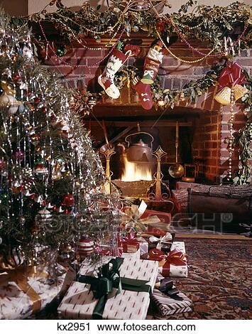 1960s Christmas Tree Stockings Presents By Fireplace Stock Image