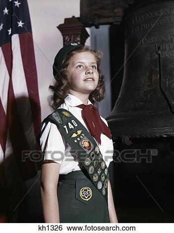 1960s girl scout proudly standing by the liberty bell when it was still inside independence hall philadelphia pennsylvania usa View Large Photo Image Stock Photograph - 1960s girl scout proudly standing by the liberty bell when it was still inside independence hall philadelphia pennsylvania usa. Fotosearch