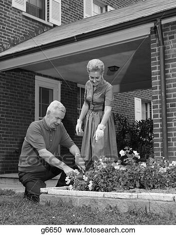 1960s man woman gardening flower garden View Large Photo Image Stock Image - 1960s man woman gardening flower garden. Fotosearch