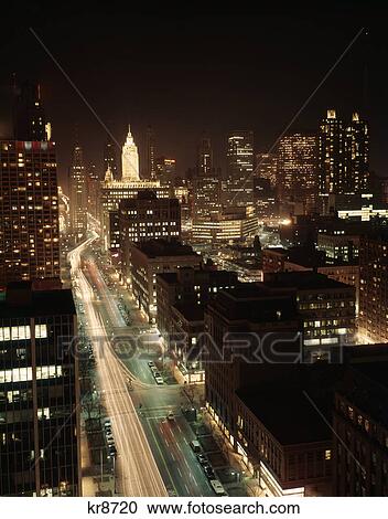 1960s night michigan avenue chicago elevated view illinois View Large Photo Image Stock Image - 1960s night michigan avenue chicago elevated view illinois. Fotosearch