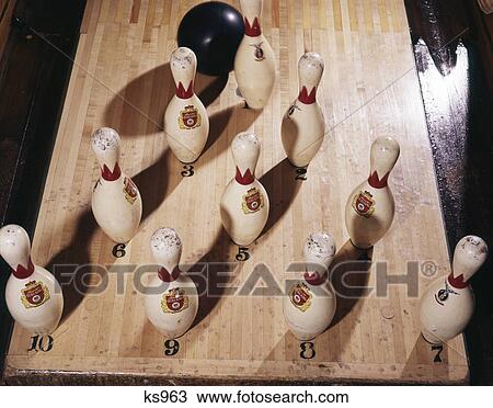 1960s overhead view of bowling pins and ball in strike zone View Large Photo Image Stock Image - 1960s overhead view of bowling pins and ball in strike zone. Fotosearch