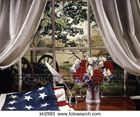 1960s patriotic still life of american flag and window with view of valley forge log cabin View Large Photo Image Stock Image - 1960s patriotic still life of american flag and window with view of valley forge log cabin. Fotosearch