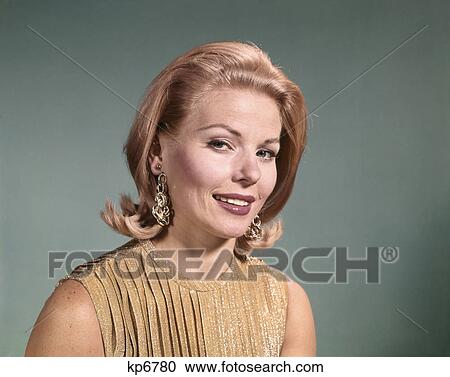 1960s portrait smiling blond young woman gold lame dress earrings fashion View Large Photo Image Stock Image - 1960s portrait smiling blond young woman gold lame dress earrings fashion. Fotosearch