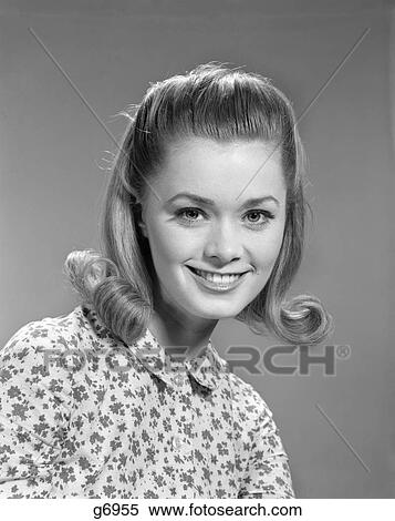 1960s portrait smiling woman wearing print blouse with flip hairdo View Large Photo Image Stock Photography - 1960s portrait smiling woman wearing print blouse with flip hairdo. Fotosearch