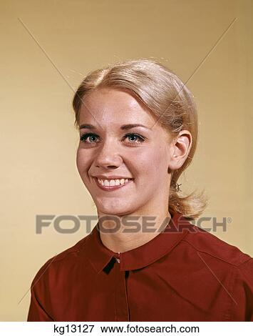 1960s portrait smiling young blond woman wearing red blouse View Large Photo Image Stock Photo - 1960s portrait smiling young blond woman wearing red blouse. Fotosearch