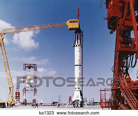 Stock Image - 1960s preparing gemini rocket for launch cape canaveral florida. Fotosearch