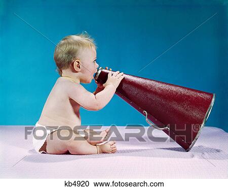 1960s profile of seated baby shouting yelling speaking into big megaphone View Large Photo Image Stock Image - 1960s profile of seated baby shouting yelling speaking into big megaphone. Fotosearch