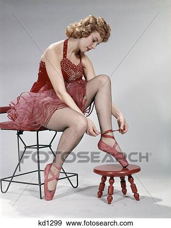 1960s teen girl woman red velvet costume pink net tutu foot stool tie