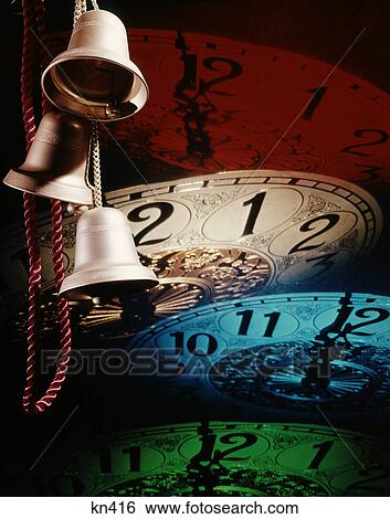 1960s three ringing bells and 4 clock faces in red blue white green at the stroke of midnight new years eve View Large Photo Image Stock Photograph - 1960s three ringing bells and 4 clock faces in red blue white green at the stroke of midnight new years eve. Fotosearch