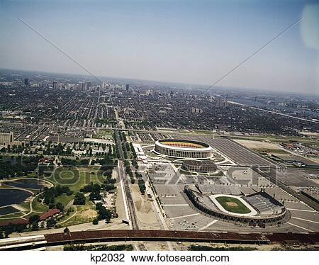 Stock Image - 1970s aerial view veterans stadium the spectrum and jfk stadium philadelphia, pennsylvania. Fotosearch