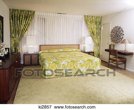 1970s bedroom with green and yellow flowered bedspread and drapes View Large Photo Image Stock Photo - 1970s bedroom with green and yellow flowered bedspread and drapes. Fotosearch