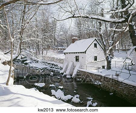 1970s farm building by stream snowy landscape rittenhouse paper mill wissahickon pa View Large Photo Image Stock Image - 1970s farm building by stream snowy landscape rittenhouse paper mill wissahickon pa. Fotosearch